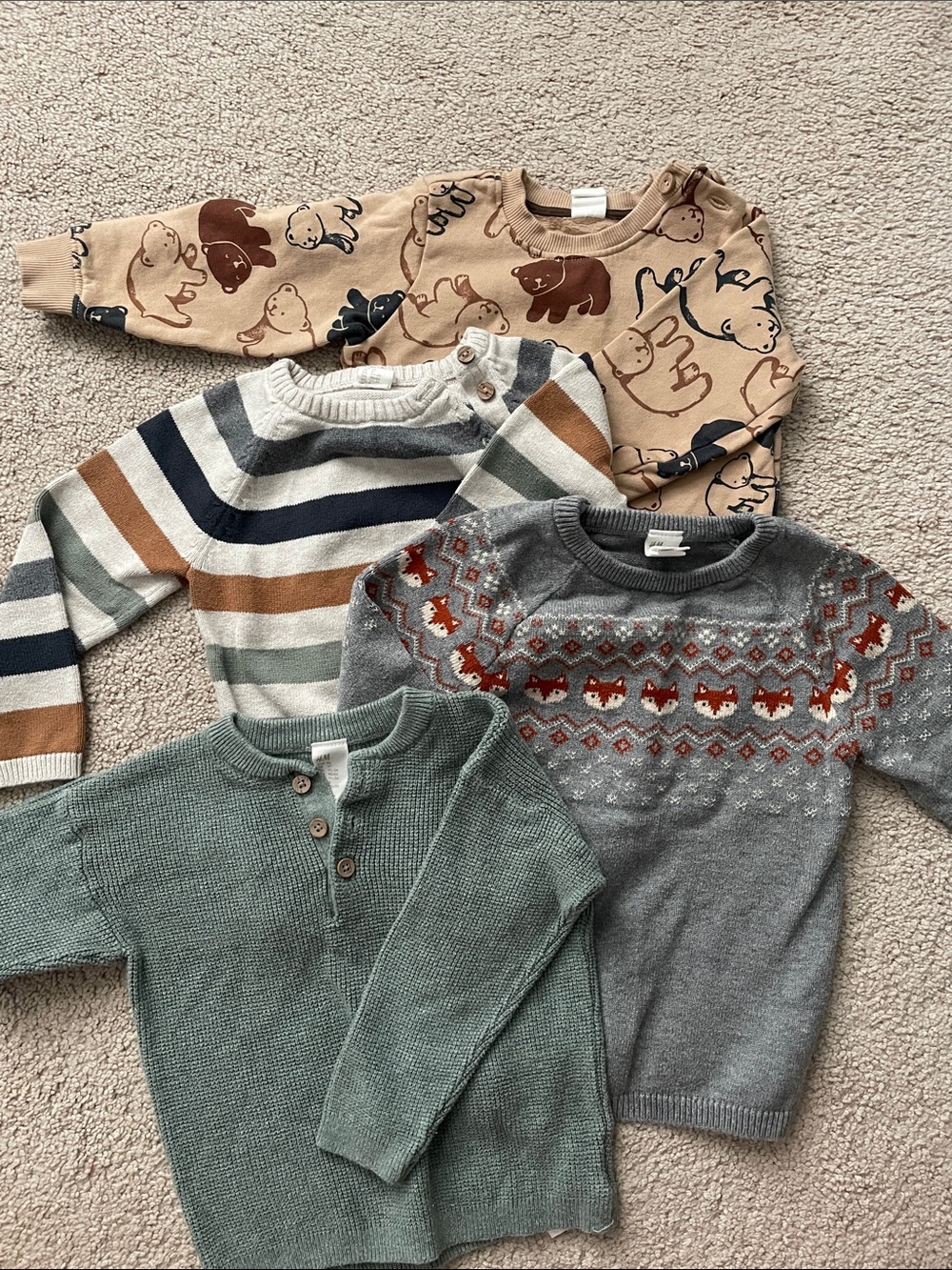 Kids Long-Sleeve Knit Tops - Neutral Bears, Stripes, Fox Fair Isle & Sage Henley